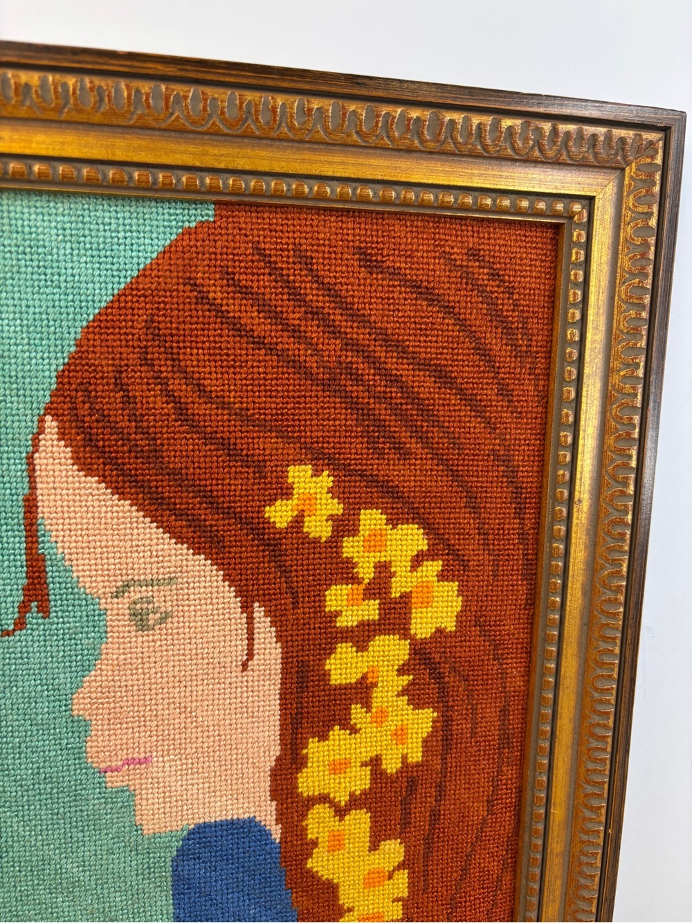 Vintage Handcrafted Needlepoint Redhead Girl Portrait Wall Art 15” x 11” - Picture 3 of 8